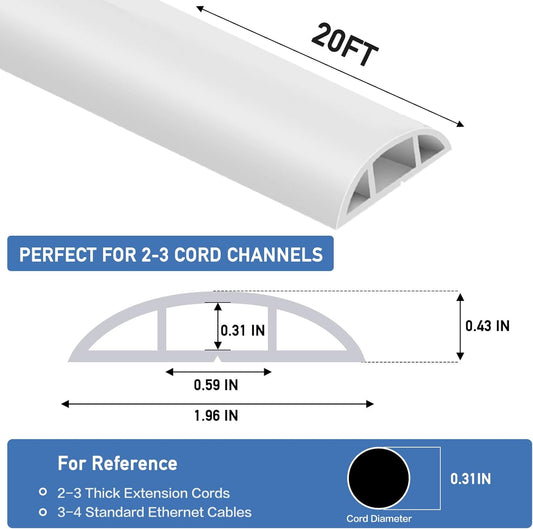 Floor Cord Cover Self Adhesive Cord Hider Floor Extension Cord Covers for Floor Power Cord Protector Cable Management Prevent Cable Trips Cable Cavity 0.59" W x 0.31" H (White, 20Ft)