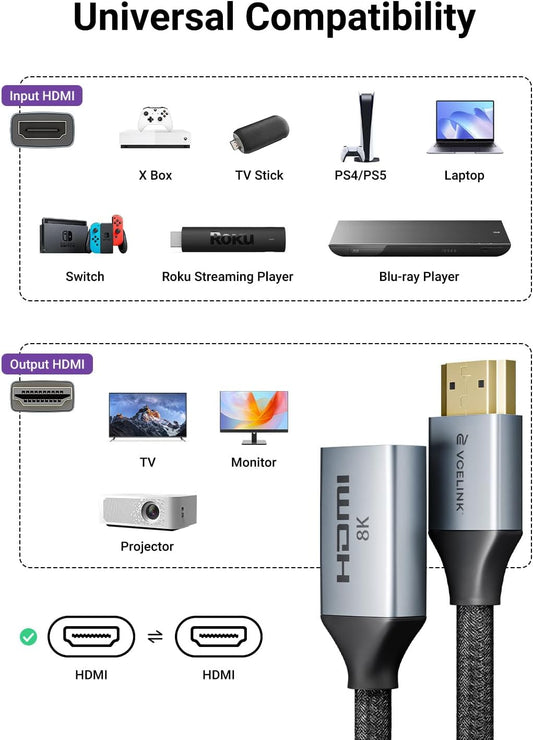 8K Short HDMI Extender Cable 0.6 FT Ideal for Tight Spaces, HDMI Extension Male to Female Adapter, Compatible with Roku TV Stick, HDTV, Game Console, Laptop (2 Pack, 0.6FT)
