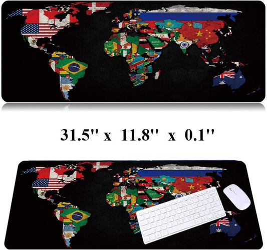 RTGGSEL 31.5x11.8 Inch Non-Slip Long Extended Large Gaming Mouse Pad with Stitched Edges XL Laptops Keyboard Mouse Mat(Black World Flag Map)
