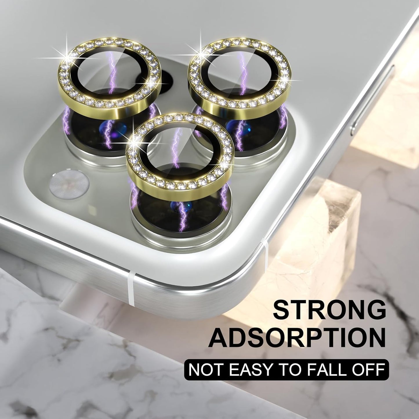 Choiche Compatible for iPhone 16 Pro/iPhone 16 Pro Max Camera Lens Protector Bling, 9H Tempered Glass Camera Cover Screen Protector Metal Ring Decoration Accessories (Diamond-Gold)