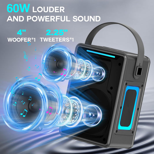 Portable Bluetooth Speaker 60W IPX6 Waterproof Wireless Speakers with Deep Bass, TWS Pairing, DSP Stereo Sound, Led Light, Big Powerful Loud Outdoor Boombox for Home Party Camping Beach