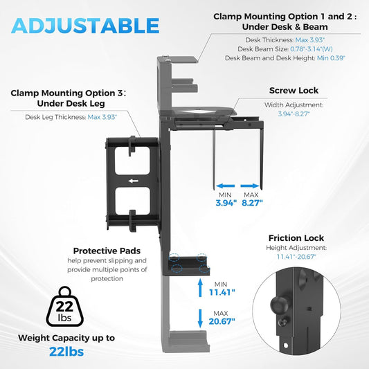 Suptek Clamp-on Desk or Desk Leg PC Mount,Adjustable Height and Width,CPU Under Desk Table Beam PC Mount Bracket Computer Tower Wall and Under Counter Holder