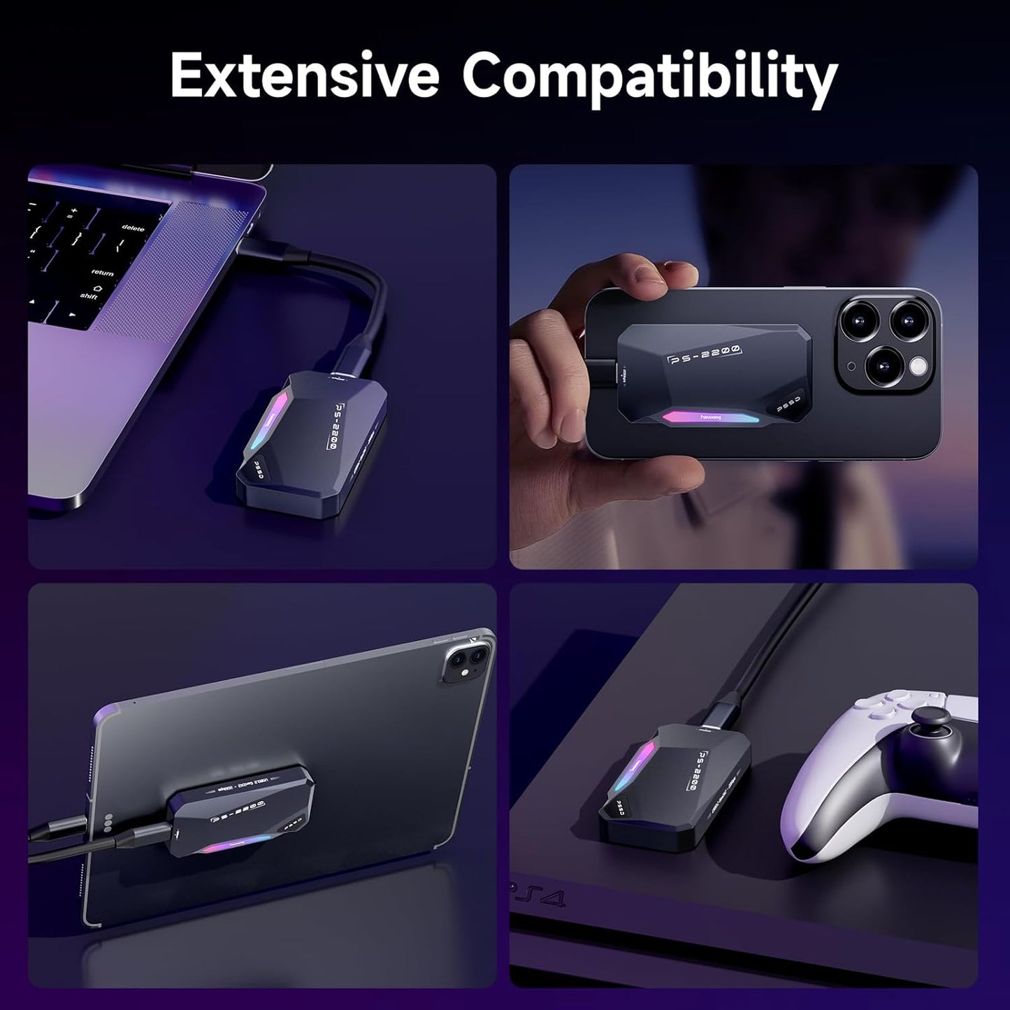 1TB Magnetic Portable SSD,2050MB/s Type-C USB 3.2 Gen 2x2 External SSD,4K ProRes Record and Store,Aluminum alloy,RGB Touch Lighting,External Solid State Drives for iPhone15/16/Android/PC/Mac -PS2200