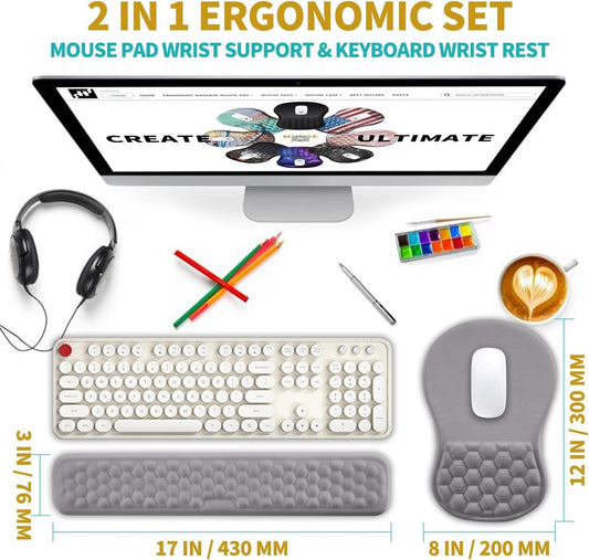 Hokafenle 2 In 1 Ergonomic Mouse Pad Wrist Support & Wrist Rest For Computer Keyboard Set, with Relieve Carpal Tunnel Pain Massage Bulge and Full Memory Gel Design (2In1 Set,Neutral Gray Light Purple)