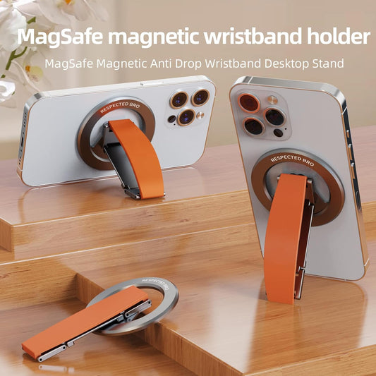 Magnetic-Phone-Grip-Stand, Magnetic Phone Ring Holder Kickstand with Silicone Finger Strap, Compatibility for iPhones, Androids, and More (Orange)