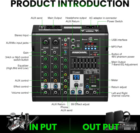 4 Channel Audio Interface DJ Mixer with 99 DSP Reverb Delay Effect USB Audio Interface +48V Phantom Bluetooth for Karaoke Studio Streaming Recording,Live Broadcasting,Podcasting