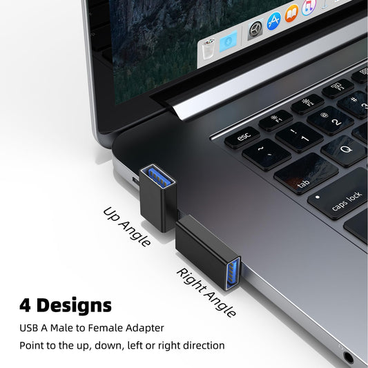AreMe 90 Degree USB 3.0 Adapter 4 Pack, Up and Down Angle, Left and Right Angle USB A Male to Female Converter Extender for PC, Laptop, USB A Charger, Power Bank and More (Black)