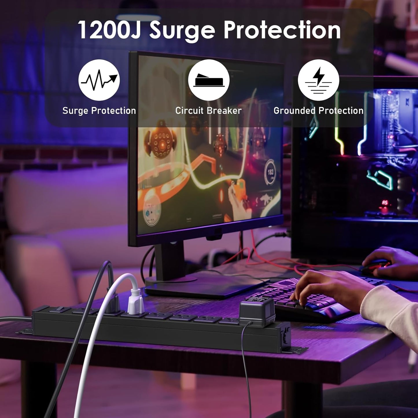 JUNNUJ Heavy Duty Power Strip Wall Mount, 20 Amp Surge Protector 1200J Metal 8 Outlet Under Desk Mounted 20A, Garage Power Table Socket Industrial Outlets 6-20R T-Slot, Black-6FT 12AWG Extension Cord