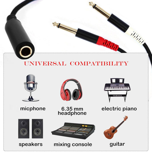 1/4 TRS Female to Dual 1/4 TS Y Splitter Cable Adapter, 1/4" Female TRS to Dual 6.35mm TS Male Adapter, 6.35mm 1/4 Inch Female to Two 6.35mm 1/4 inch TS Stereo Breakout Cable - 1 ft