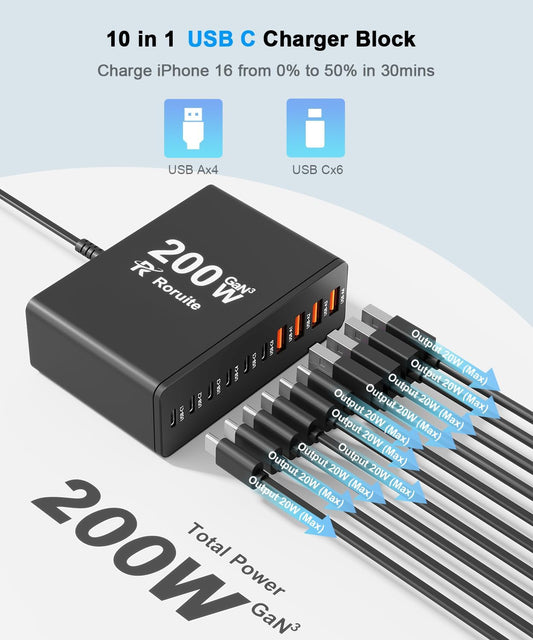 USB C Fast Charger Station with 4 USB Cables, 200W GaN 10 Port Type C Charging Station Hub Block Cube, Wall Charger Power Strip Adapter Plug for iPad iPhone 16 15 14 13 12 Pro Max Pixel Note Galaxy
