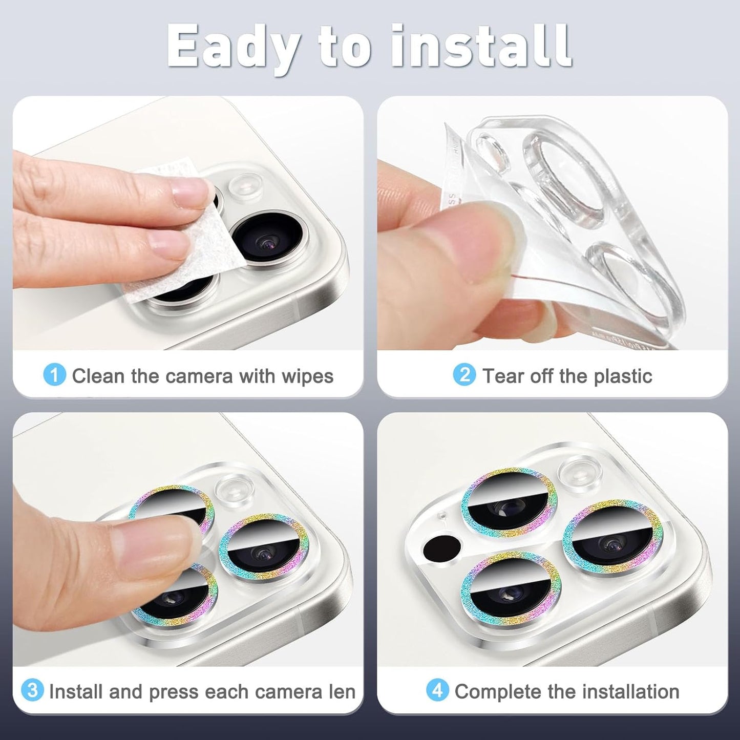 LucBuy 3PCS Sparkling Camera Lens Protector for iPhone 14/iPhone 14 Plus, Full Clear Acrylic Cover with Shiny Colorful Glitter Designed Decoration Back Camera Protector