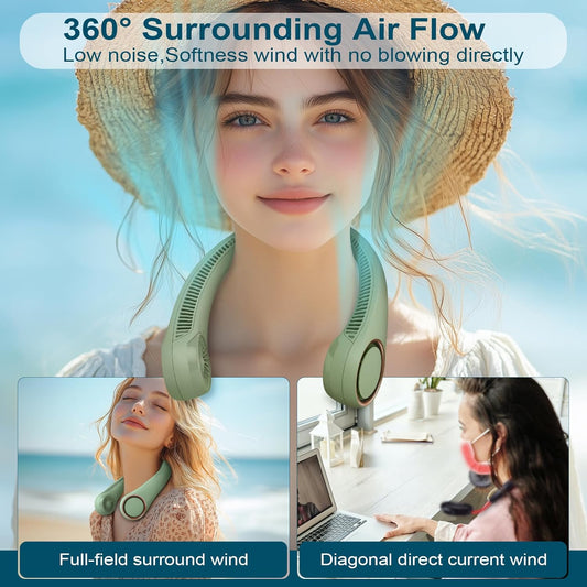 CIVPOWER Neck Fan: Portable Personal Neck Cooling Rechargeable Bladeless Fan - Hands Free 3 Speed 4000 mAh Battery USB Operated Wearable Headphone Design - for Men Women Outdoor Indoor (Light Green)