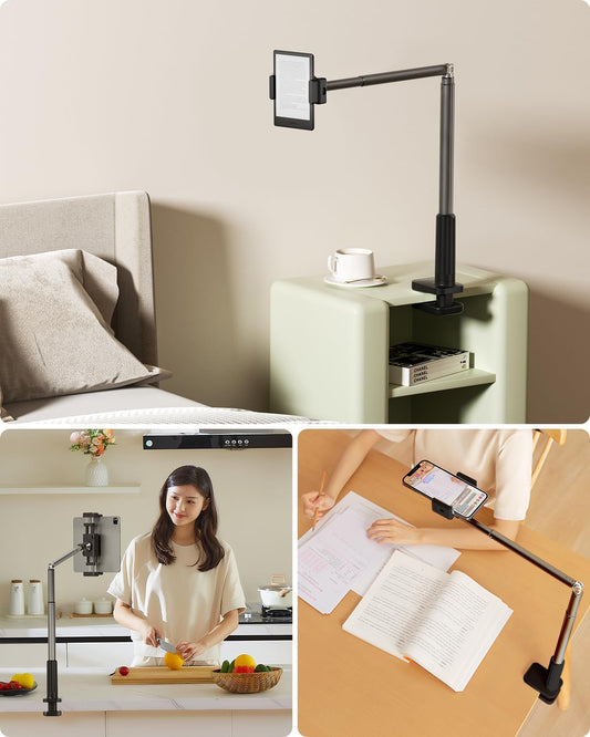 Viozon Tablet Holder Stand, Phone/Kindle Holder with Flexible Aluminum Alloy Long Arm, C Clamp for Headboard Bedside&Table, Compatible with 3.5-11" iPad,Kindle, iPhone 15 14 Plus/Pro Max,B