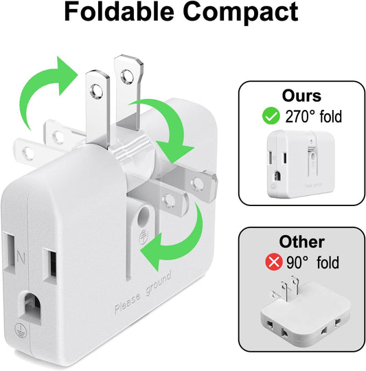 2-Prong/3-Prong Swivel Adapter, Polarized Grounding Converter with Flat Wall Plug, Fireproof 3-Outlet for Home Use (2 Pack)