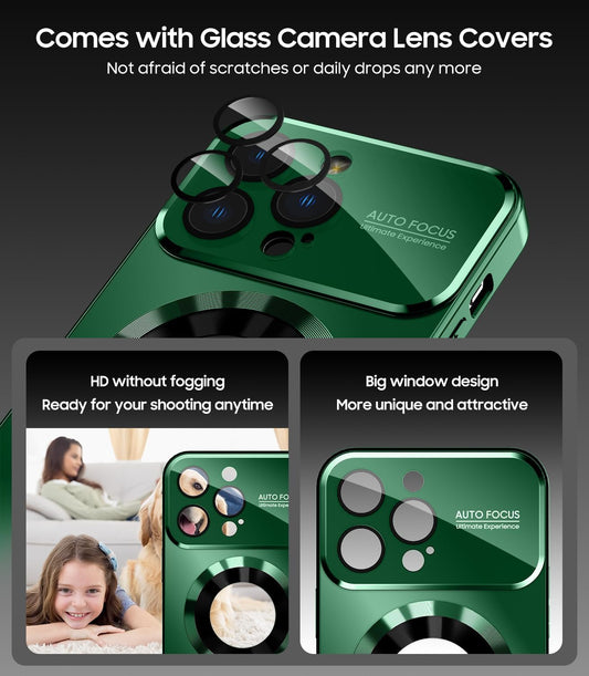 Magnetic for iPhone 12 Pro Case, Compatible with MagSafe, Built-in Camera Lens Protector, Logo View, Military Grade Drop Proof Phone Case Cover, Green