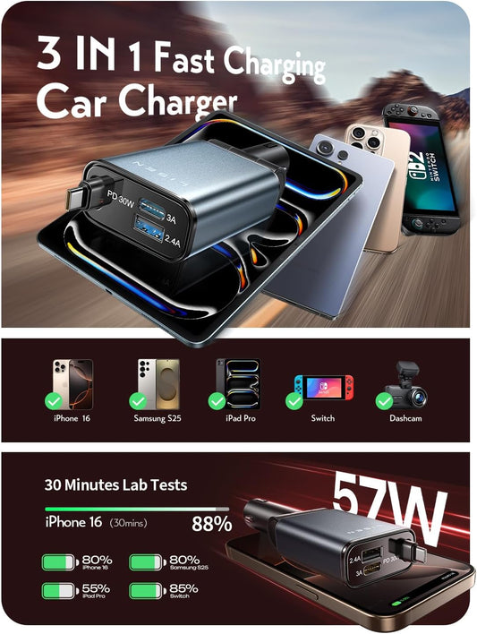 LISEN iPhone 16/15 Car Charger USB C Fast Charging Retractable,【60% Less Space,Mini】 57W Fast iPhone 16/15 USBC Type C Charger for 17 iPhone 16 15 Pro Max Plus,Samsung Galaxy S25/24 Z,Android