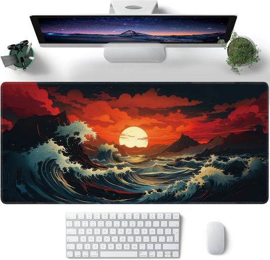 Japanese Sea Wave Large Mouse Pad,Gaming Keyboard Desk Pad,Extended Mouse Mat Non-Slip Rubber Base with Stitched Edges for Office Game Home XXL 35.4"x15.7"