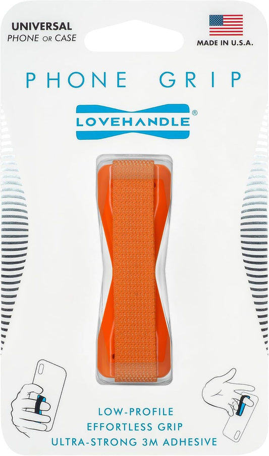 LOVEHANDLE Universal Phone Grip for Smartphones & Mini Tablets - Phone Holder for Hand - Wireless Charging Compatible - Made in The USA - Solid Orange