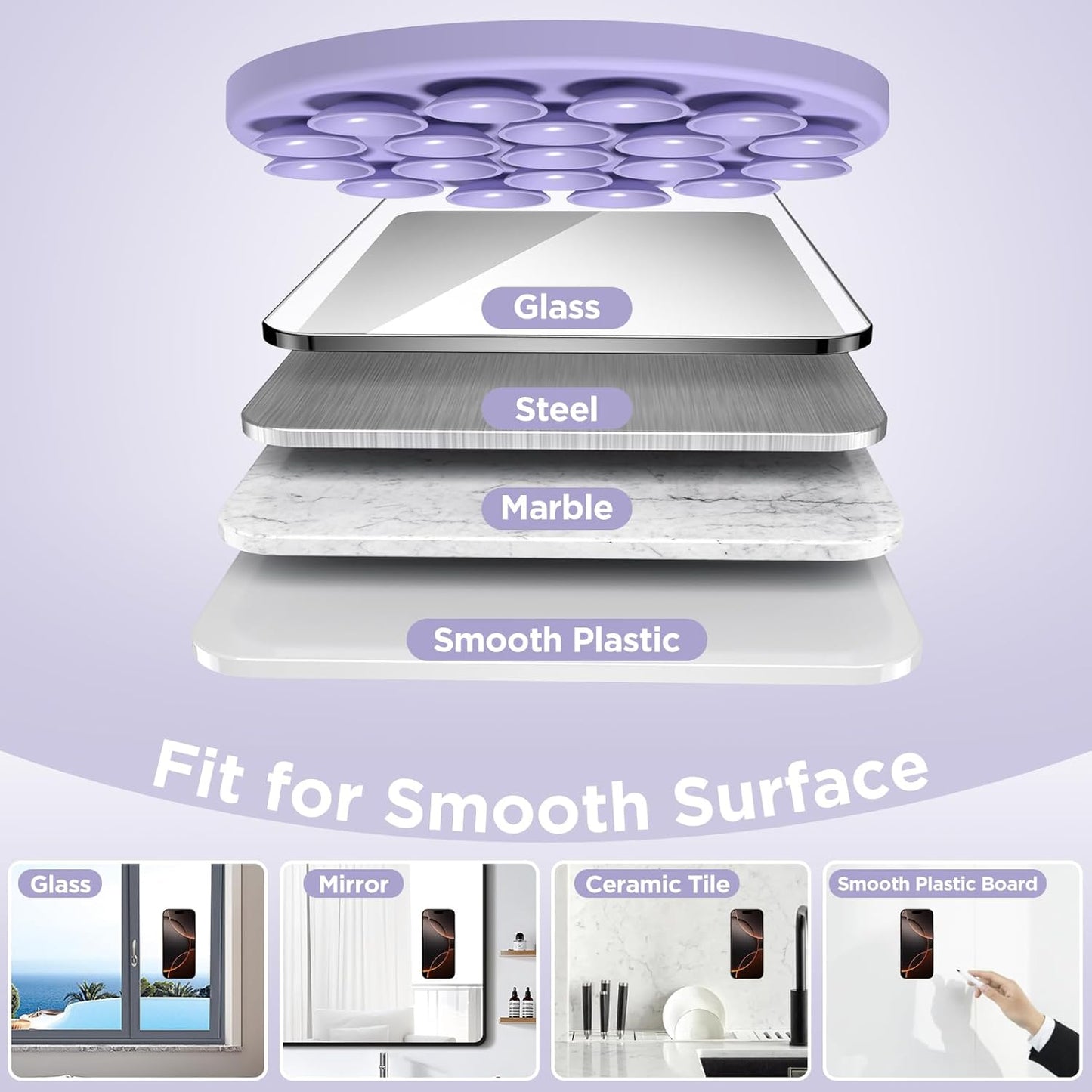 Magnetic Suction Cup Phone Mount for MagSafe Case, Silicone Hands-Free Grip Holder for iPhone and Android, Mirror Shower Phone Stand for Makeup FaceTime Gym Kitchen Bathroom, Lilac Purple