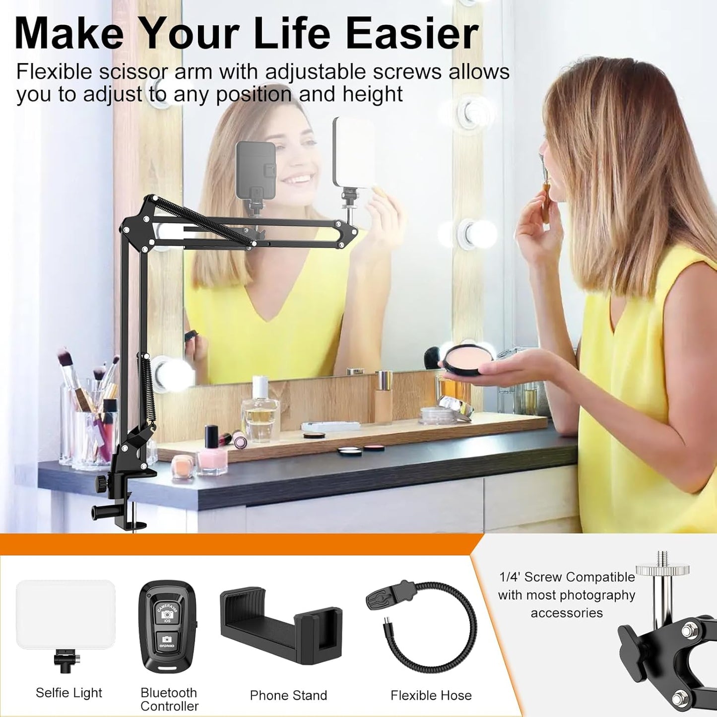 Overhead Phone Mount with 60 LED Portable Selfie Light and Phone Holder for Desk, Camera Mount Arm Stand with Remote, Overhead Stand for Video Recording, Live Streaming, TikTok, YouTube and Cooking