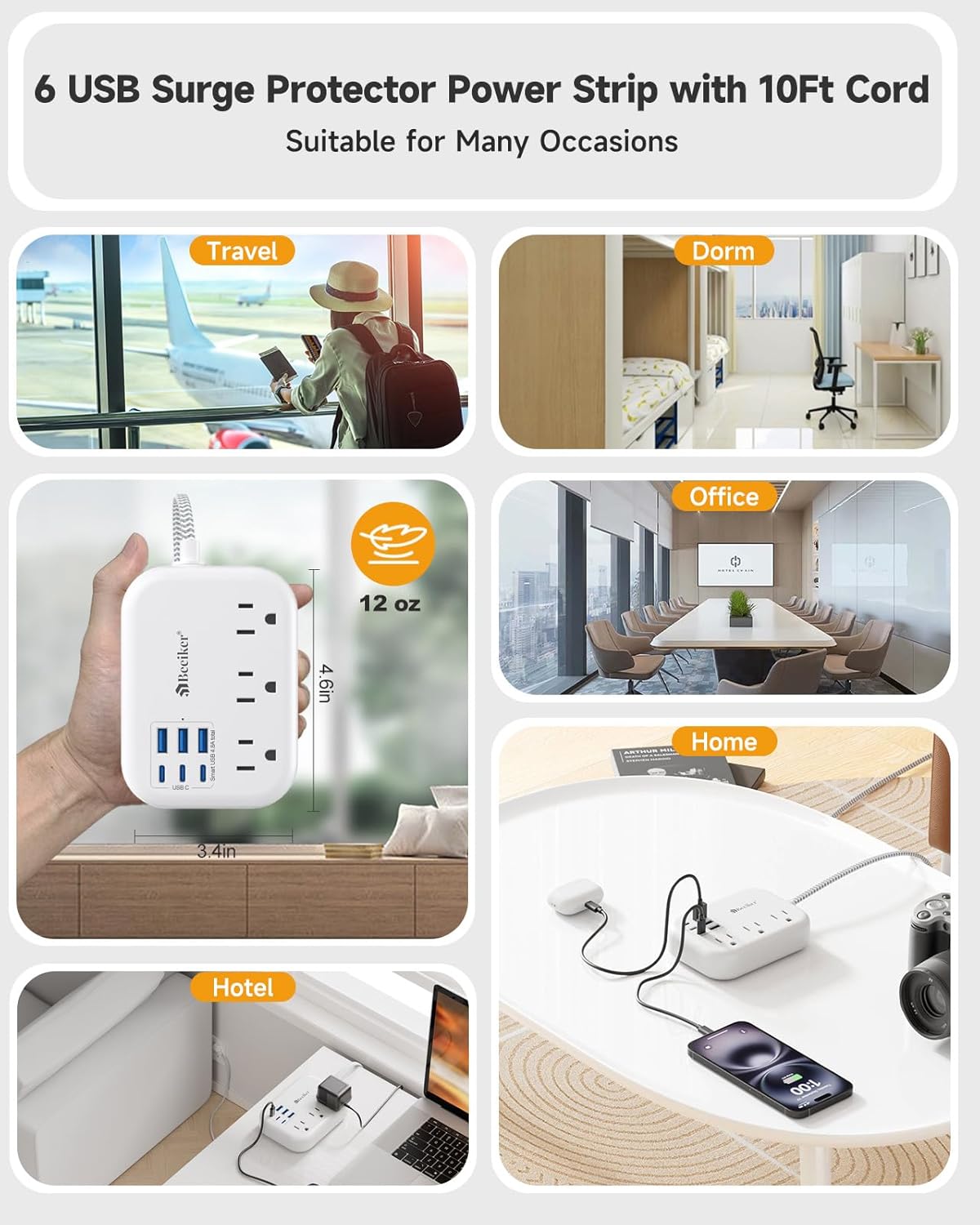 6 USB(3 USB C) Surge Protector Power Strip- Extension Cord 10 Ft with 24W USB Charging Station and 3 Outlets, Flat Plug Long Braided Extension Cord with Multiple Outlets for Home Office College Dorm