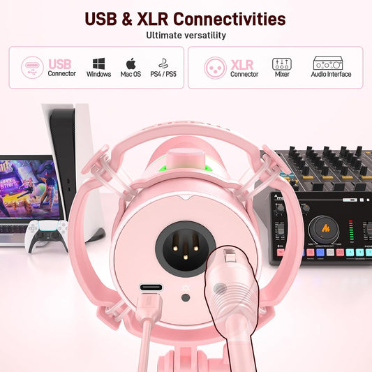 MAONO XLR/USB Dynamic Microphone Kit, RGB Gaming Mic with Software, Mute, Gain Knob, Volume Control, Boom Arm for Streaming, Podcasting, Voice-Over, Recording-PD200XS Pink