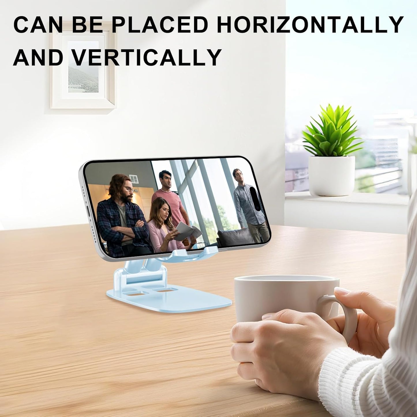 DEERLAMN Cell Phone Stand for Desk, Height Adjustable Cell Phone Holder Portable Desktop Stand, Travel Home Office Desk Accessories Compatible with iPhone 16/15/14/13/12/11 All Smartphone - Light Blue