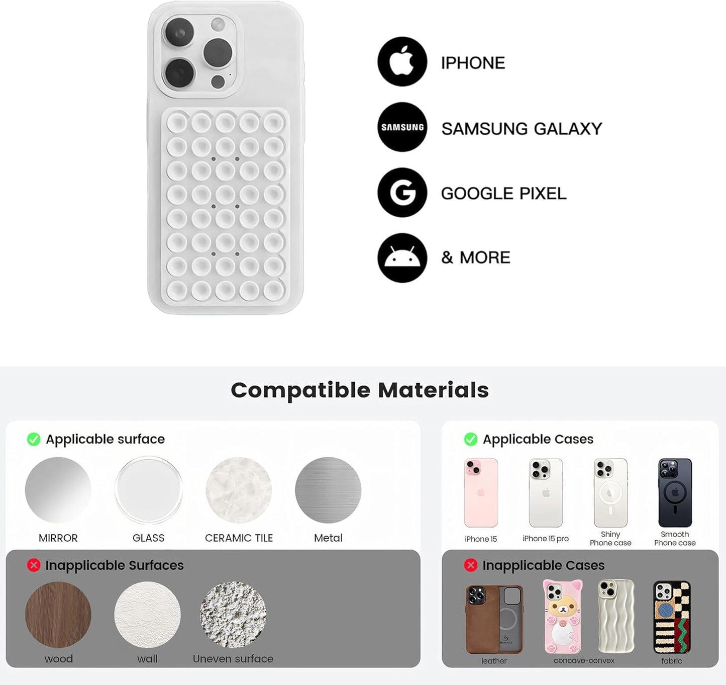 Silicone Double-Sided Suction Phone Grip Detachable Mount - Car Dashboard/Shower Phone Holder, Hands-Free For Selfies & Videos, TikTok, ASMR, Yoga - iphone & Android Compatible (3.94"x2.5",White)