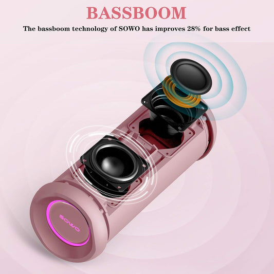 SOWO Outdoor Wireless Portable Bluetooth Speaker, IPX7 Waterproof Speaker, 25W Loud Sound, Bassboom Technology, TWS Pairing, 16H Playtime with Lights - Pink