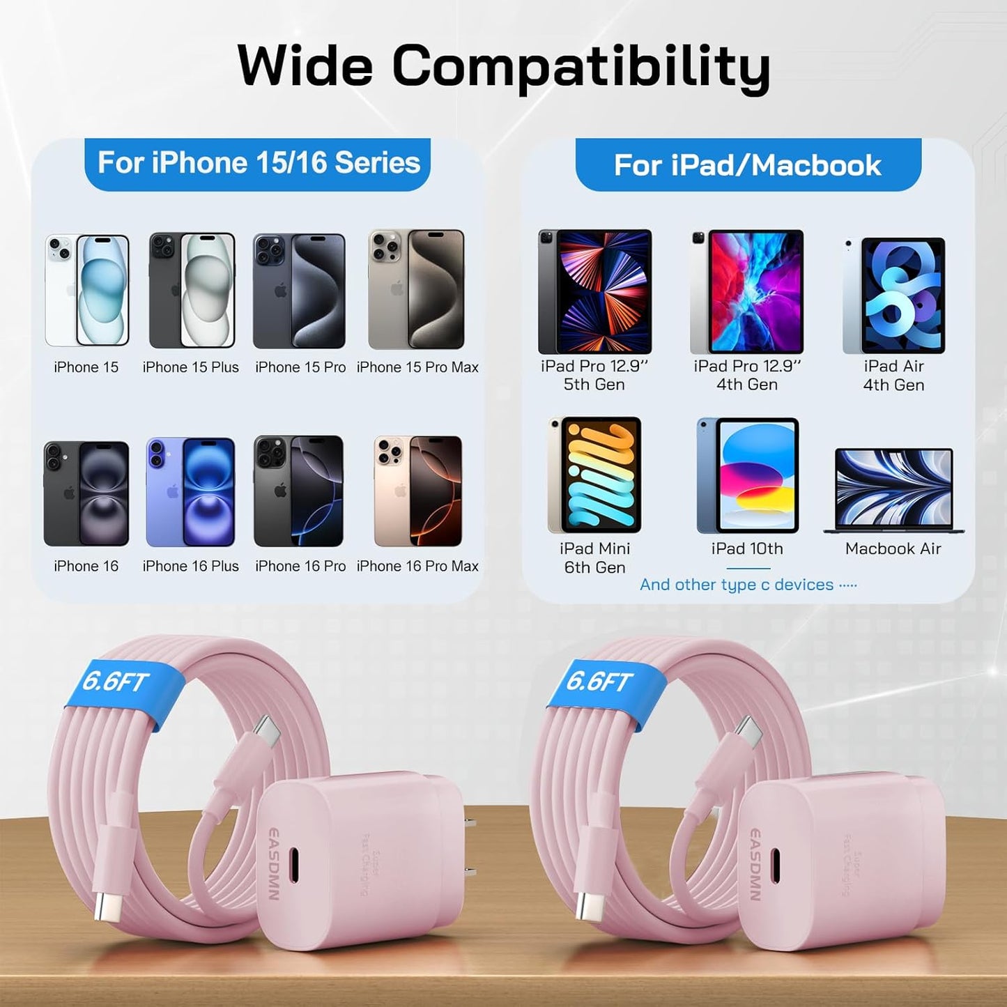 30W USB C i Phone 16 15 Charger Fast Charging, 2PACK Wall Charger for iPhone 16 15 Pro Max Charger Cord 6.6FT Fast Type C Charger Block for iPhone 16/16 Pro/15 Plus/15 Pro/15 Pro Max, iPad Pro, Pink