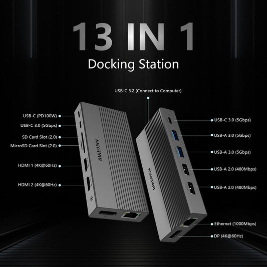 13-in-1 USB C Docking Station: Triple 4K Display, 100W Power Delivery, 5Gbps Data Ports, SD/MicroSD Slot - for Dell XPS, HP Laptops & ThinkPad