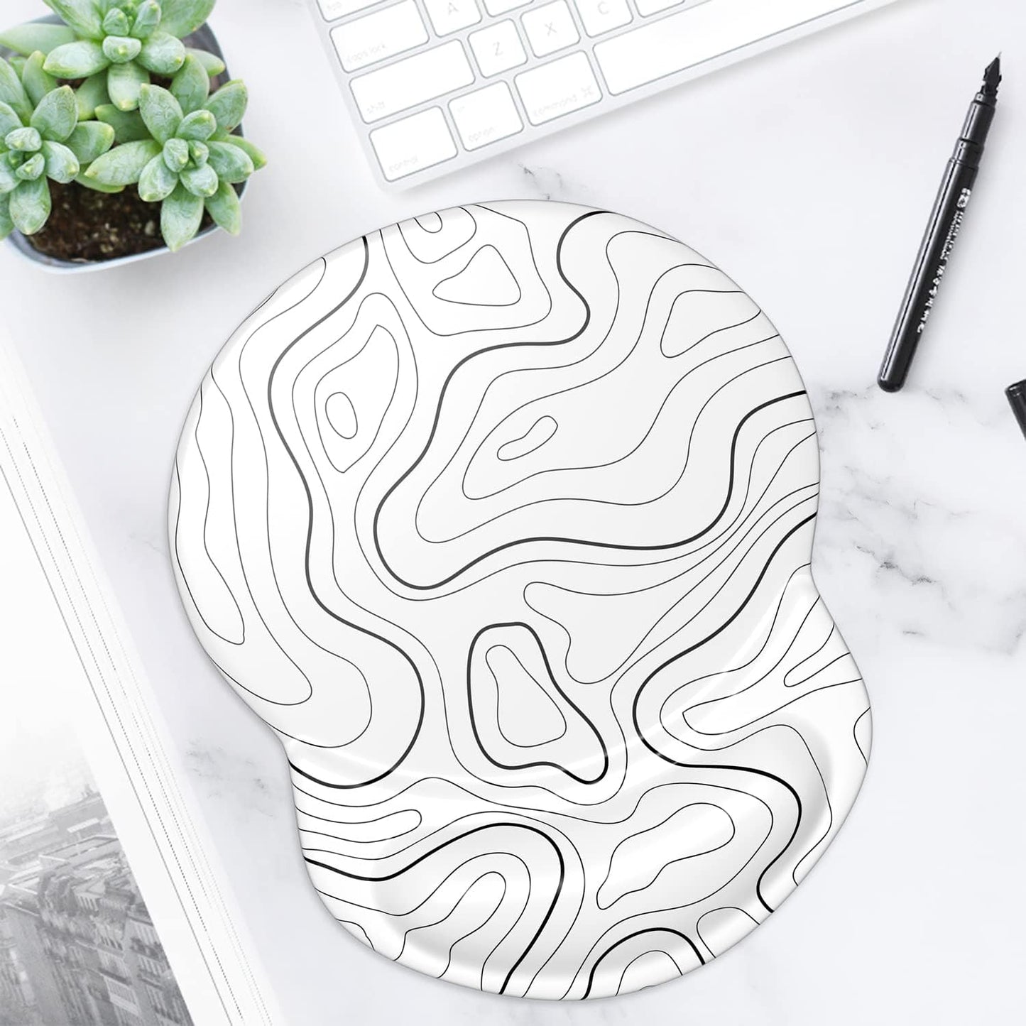ITNRSIIET Ergonomic Mouse Pad with Gel Wrist Support Small Wrist Rest Smooth Surface Non-Slip PU Base Comfortable Office Supplies Pain Relief, 8.7 x 7.2 inches, Topographic Contour White