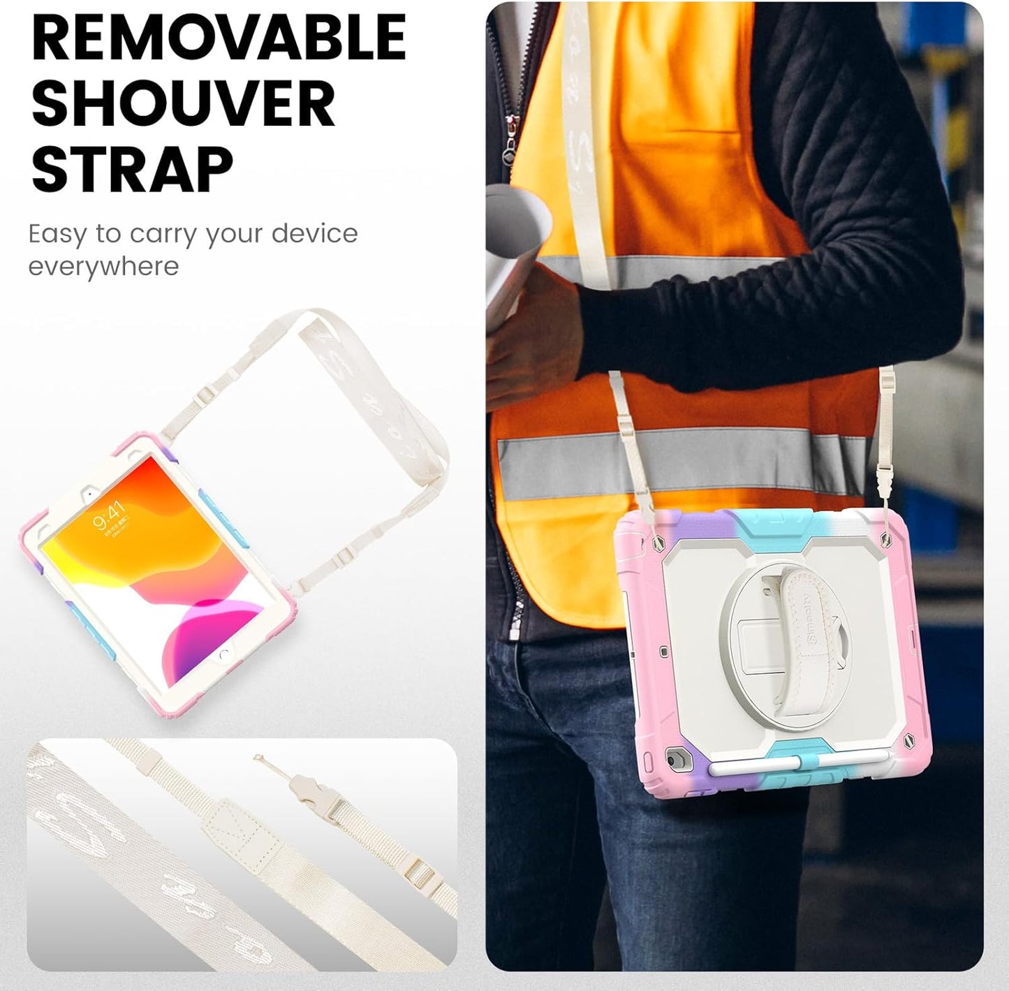 Timecity Case for iPad 9th/ 8th/ 7th Generation 10.2 inch - Heavy Duty Protective Cover with Screen Protector, Rotating Stand, Shoulder Strap & Pencil Holder | Kids-Friendly (Pink Camo)