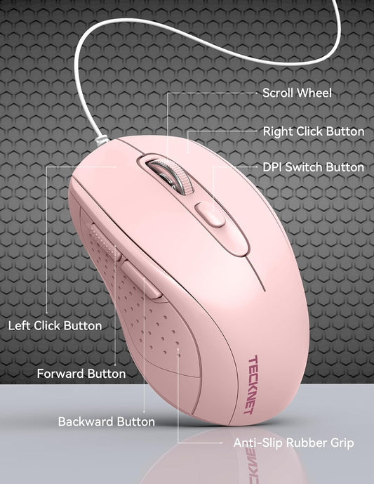 TECKNET USB Wired Mouse, 3600DPI Corded Computer Mouse with 4 Adjustable Levels, 6-Button 5FT Cord Ergonomic Mice, Home and Office Mouse for Laptop PC Desktop Notebook - Pink