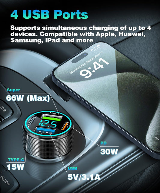 2 Packs of 66W USB C Car Charger 4 Port Car Charger Adapter with 30W PD, 3.1A Aluminium Alloy Car Cigarette Lighter USB Charger with LED Voltmeter Compatible with Phone 15 14 13