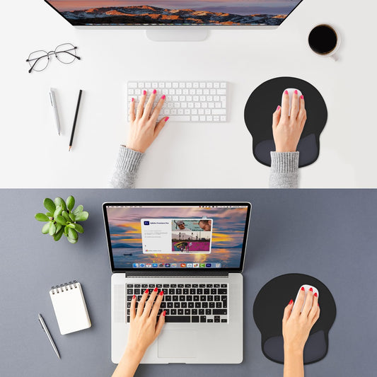 ITNRSIIET Ergonomic Mouse Pad with Wider Memory Foam Wrist Rest +17%, Curved Cushion Reduces Pressure 20%, Pain Relief, Non-Slip, Smooth, Cute Color Desk Accessory, 9.85 x 9 inch, Black Gray Gradient