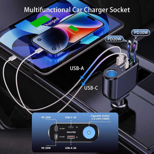 OHLPRO Retractable Car Charger Cigarette Lighter Adapter, 168W 5 in 1 Fast Phone Charging Built-in Replaceable Fuse, Socket Splitter with USB C and USB i Cord, Fit for Phone, iPad, Galaxy, GPS