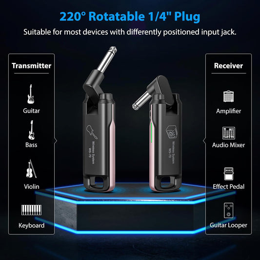 LEKATO Wireless Guitar System UHF Wireless Guitar Transmitter Receiver Rechargeable Audio Bass Cable with 70 Channels for Bass Electric Instruments(Pink)