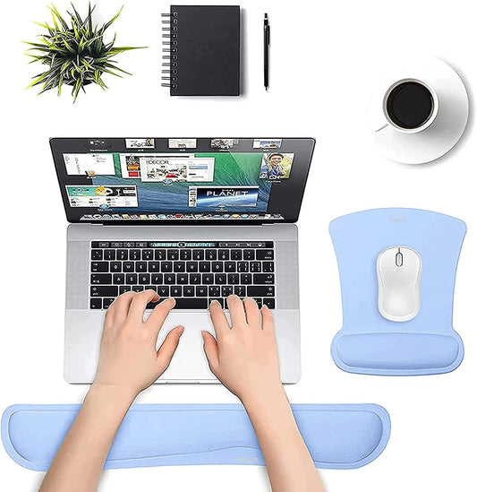 MOSISO Wrist Rest Support for Mouse Pad & Keyboard Set, Ergonomic Mousepad Non-Slip Base Home/Office Pain Relief & Easy Typing Cushion with Neoprene Cloth & Raised Memory Foam, Air Blue
