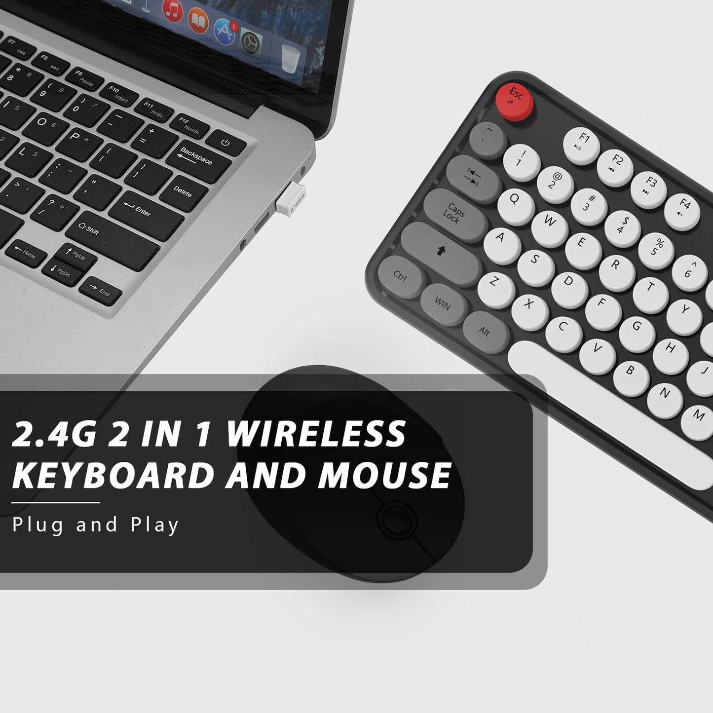 Wireless Keyboard and Mouse, KOOTOP Cute Keyboard and Mouse, 2.4G Wireless Keyboard with Retro Round Keycap for PC, Mac, Laptop,Tablet,Computer Windows (Grey)