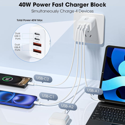 USB C Charger Block, 2 Pack 40W 4-Port iPhone Charger Fast Charging Multiport PD 3.0 & QC 4.0 Double Quick Charge, Compatible with iPhone 16/15/14/13/12/11,Pro Max,iPad, Samsung (White)
