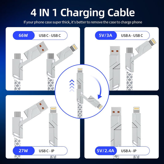 4 in 1 Charging Cable 5FT -MAX 66W Fast Charging Multi Charging Cable for All Devices, USB A/C to C/Lightning Cable Multiple iPhone Charger Cord for iPhone 16/15/14/13/iPad/Android/Tablets and More