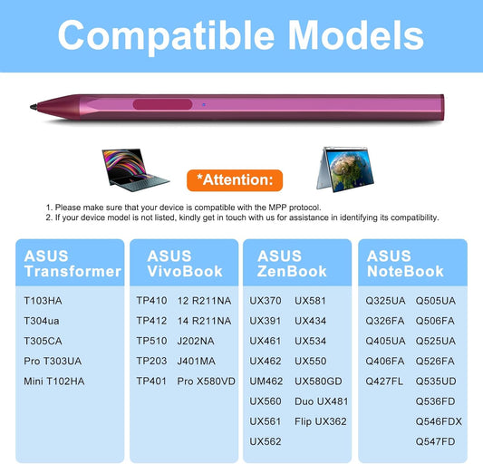Stylus Pen for ASUS Transformer/ASUS Zenbook/ASUS Vivobook Flip/ASUS Notebook Touchscreen Laptop Tablet Rechargeable MPP 2.0 Tilt Pencil 4096 Pressure Sensitivity Microsoft MPP Protocol, Red