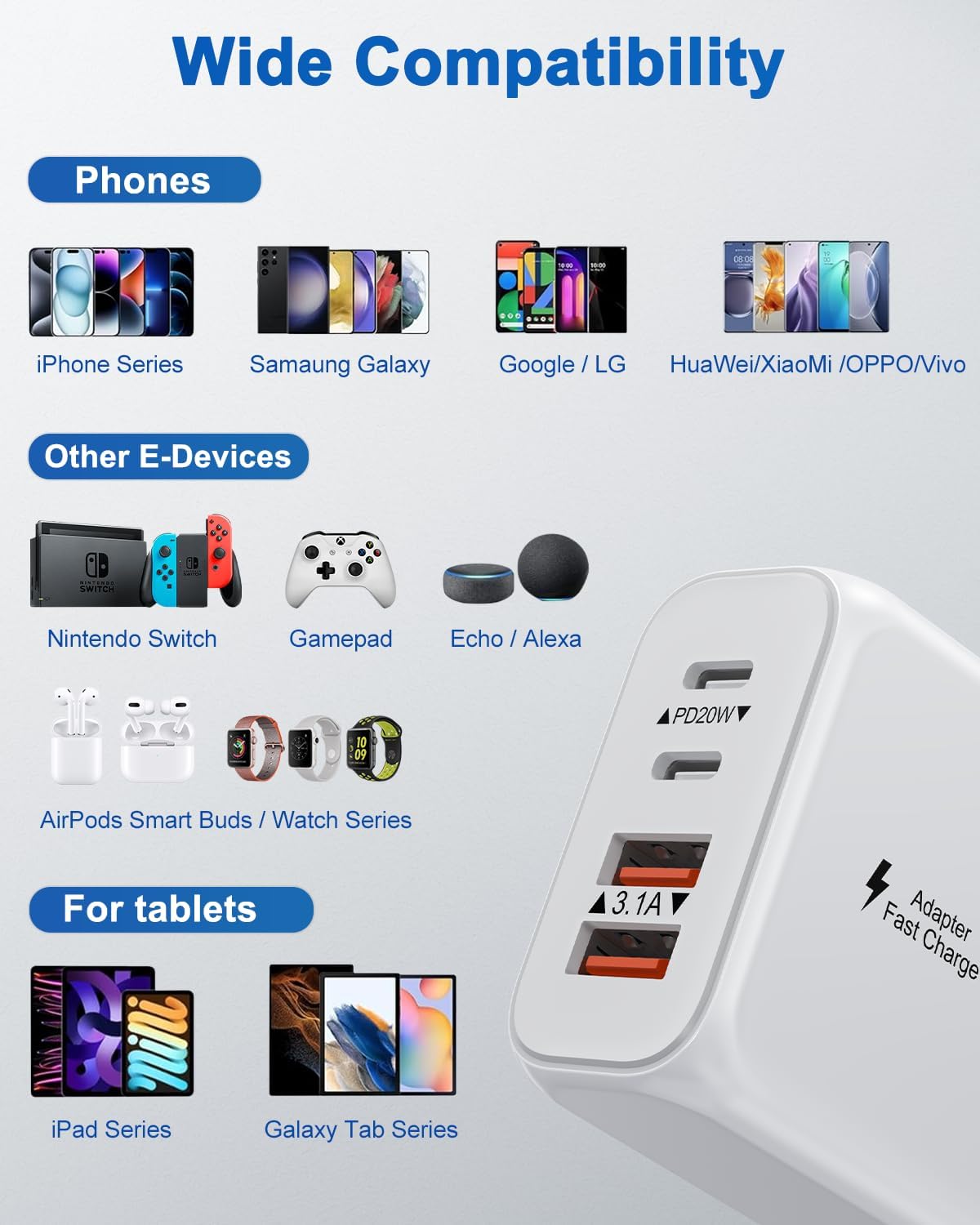 40W USB C Charger Block, 3 Pack 4-Ports Type C Fast Charging Cubes PD USBC Wall Plug+QC 3.0 USB A, Multiple USB C Charger for iPhone 16/15/14/13/12/11 Pro Max/XS, Samsung Galaxy, iPad, Tablet, Pixel