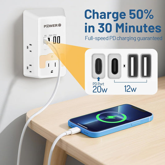 20W PD Fast Charging Wall Outlet with USB Ports (2C2A), Electrical Outlet Extender with Night Light, Surge Protector, Wall Plug Adapter for Multiple Devices, Wall Socket Expander