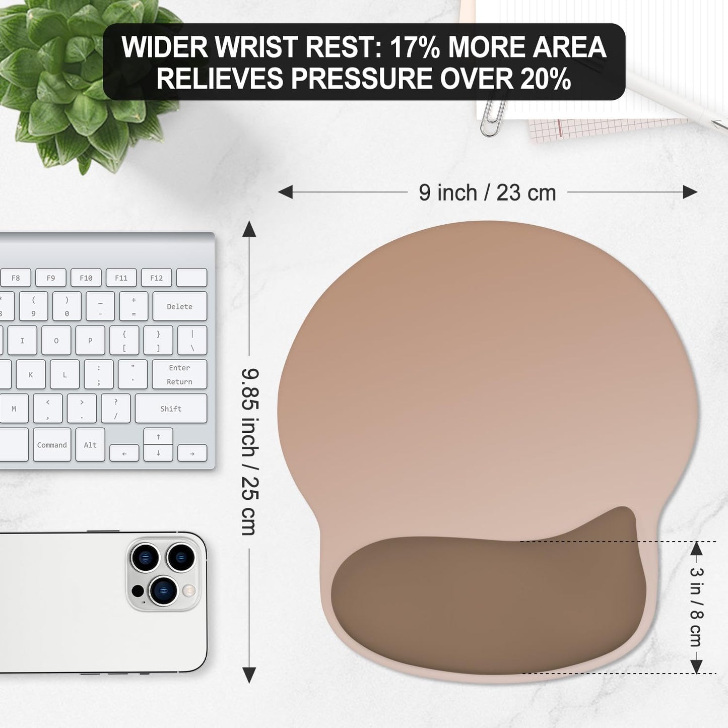 ITNRSIIET Ergonomic Mouse Pad with Wider Memory Foam Wrist Rest +17% - Curved Cushion Reduces Pressure 20%, Pain Relief, Non-Slip, Smooth, Cute Colors, 9.85 x 9 in, Soft Brown Gradient