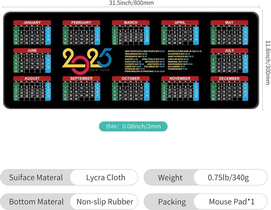 Dynippy Thin Extended Gaming Mouse Pad (31.5 * 11.8 * 0.08 inch) with Stitched Edges Large Mousepad Long XXL Keyboard and Mouse pad Desk Mat for Gaming Office & Home - 2025 Calendar Holidays