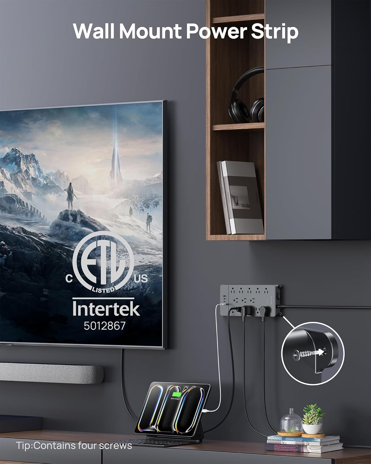 TROND 360° Rotating Flat Plug, Surge Protector Power Strip, 13AC Widely Spaced Outlets Expansion with 3 USB C Ports, 4000J, 10ft Extension Cord Heavy Duty, Wall Mount, Under Desk, ETL Listed, Black