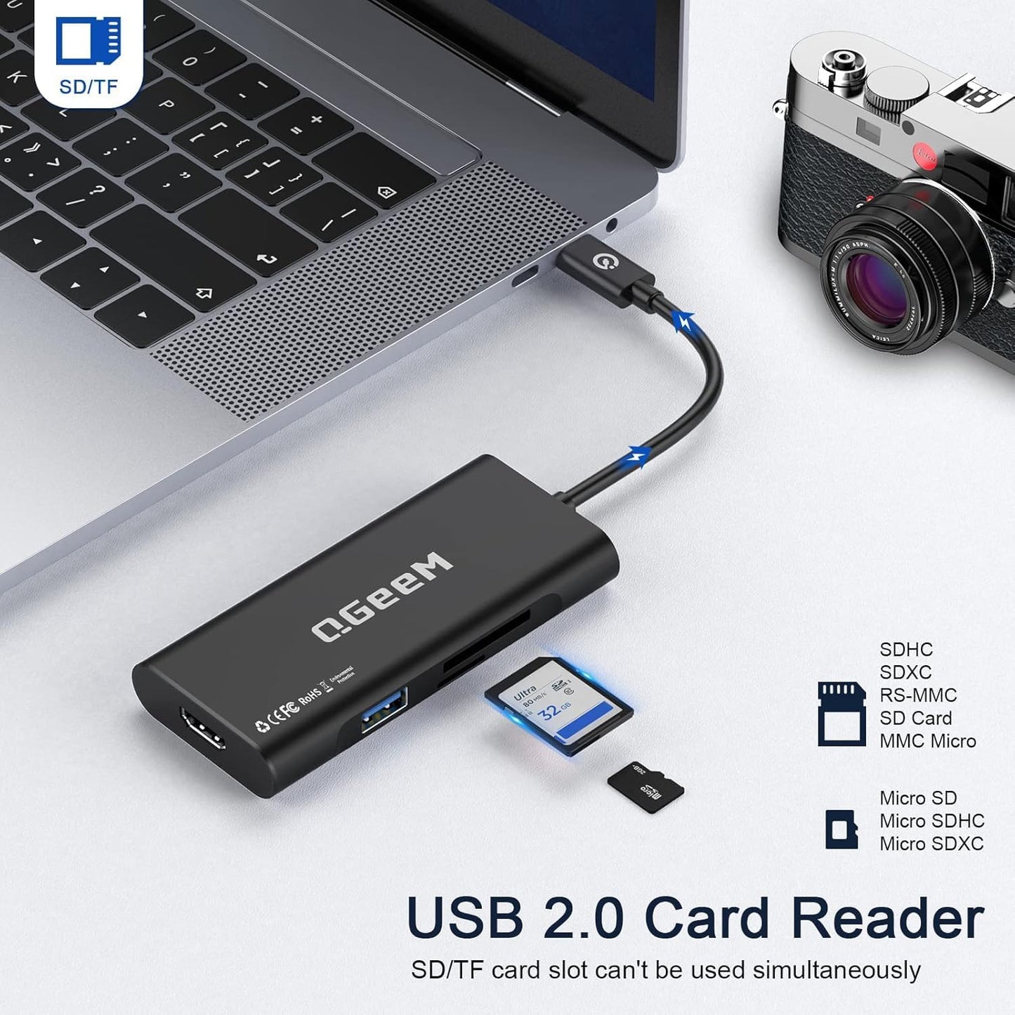 USB C Hub, QGeeM USB 4k to HDMI Adapter, 7 in 1 USB-C Dongle with 100W PD,USB 3.0, Card Reader, Compatible for MacBook iPhone 15/16 Ipad Pro max,Chromebook Laptop USB Type C Dock-Black