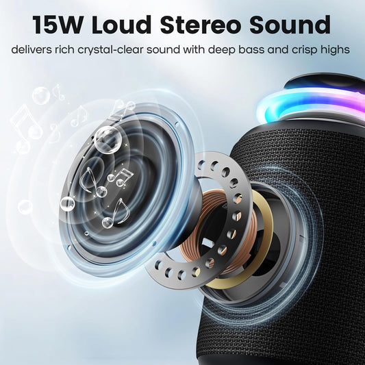 Bluetooth Speaker Wireless,IP67 Waterproof & Dustproof Portable Speaker with Lights,15W Loud Stereo Sound, 2500mAh Battery All Day Playtime, TWS Pairing, BT5.3, Home/Party/Outdoor/Beach (Black)